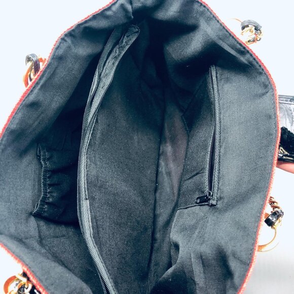 straw red handbag chain handle clasp lock zipper 5 pockets 2 handle 15x9x4" READ - Picture 6 of 11